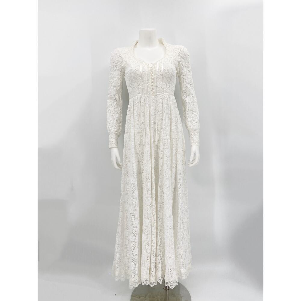 Gunne Sax White Lace Gown Maxi Lace Up Bodice Victorian Collar Back Zip XS